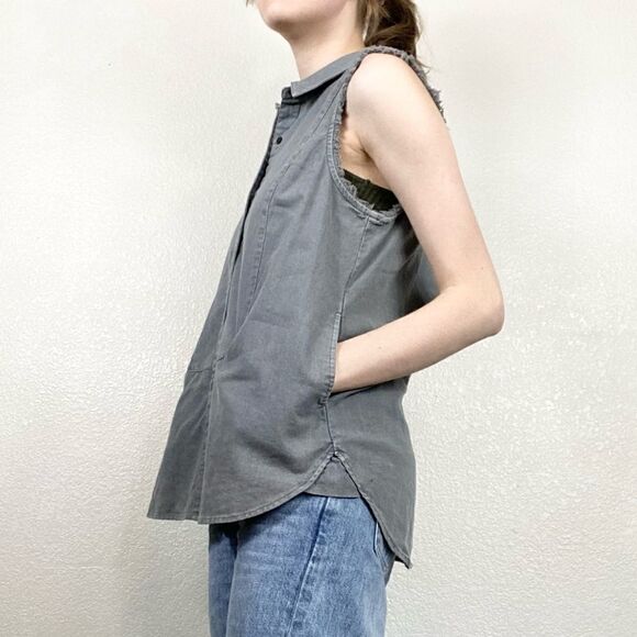 Free People Grey Distressed Linen Button Up Sleeveless Top - Picture 2 of 10